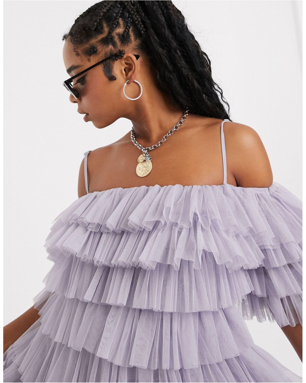 lace & beads layered tulle bardot maxi dress in lilac Lace & Beads Naomi Lilac Floral Tulle Maxi Dress  Love My Apparel