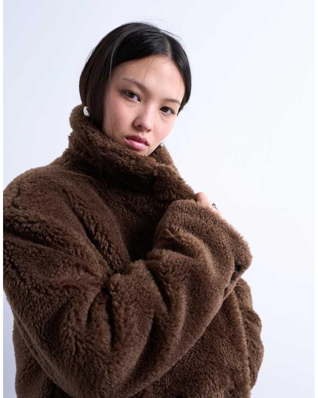 TOPSHOP Brown Double Breasted Borg Longline Coat