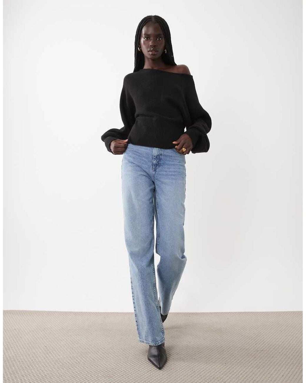 ASOS Black Structured Ribbed Nipped Waist Slash Neck Jumper
