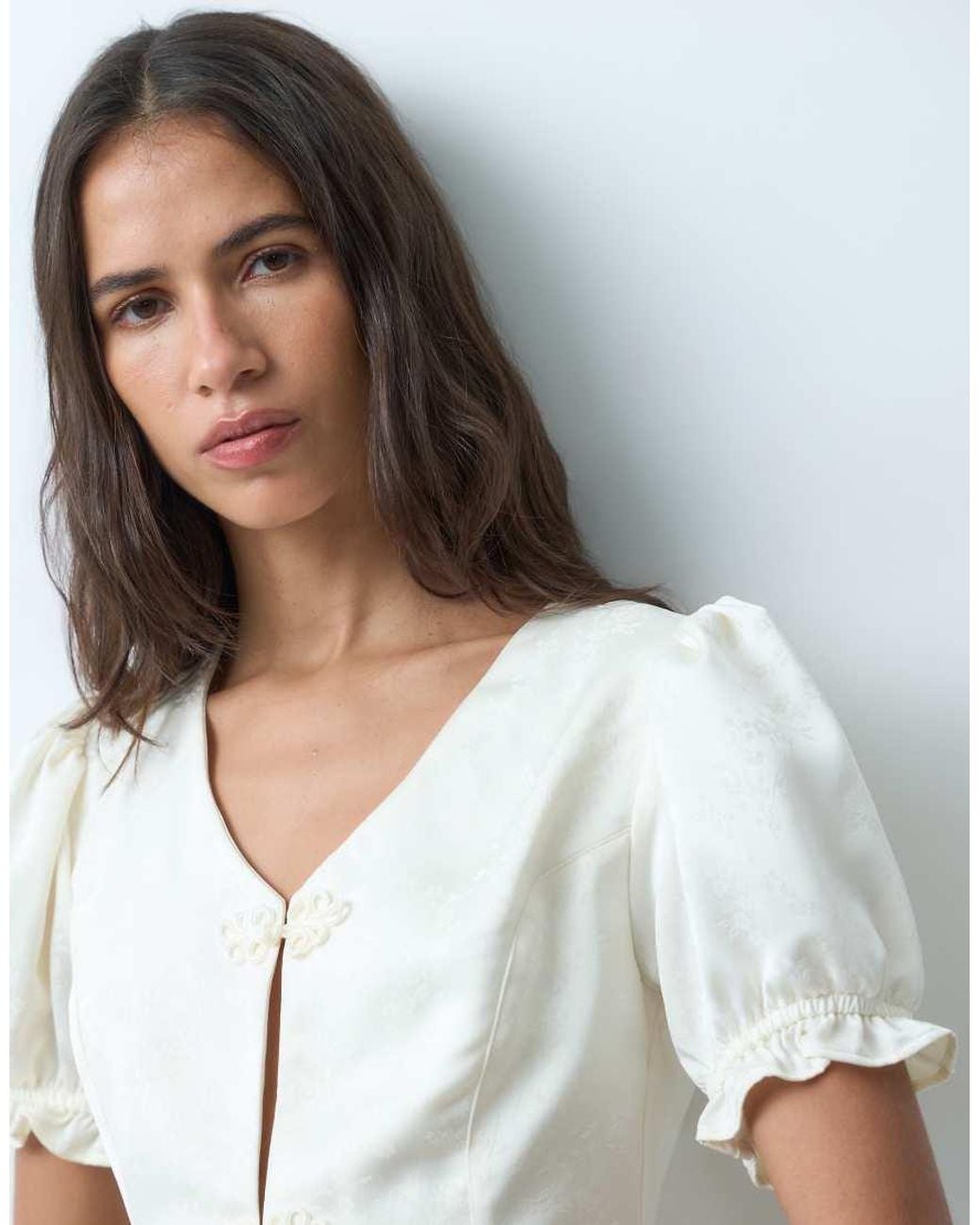 Miss Selfridge Blue Satin Jacquard Mandarin Inspired Top