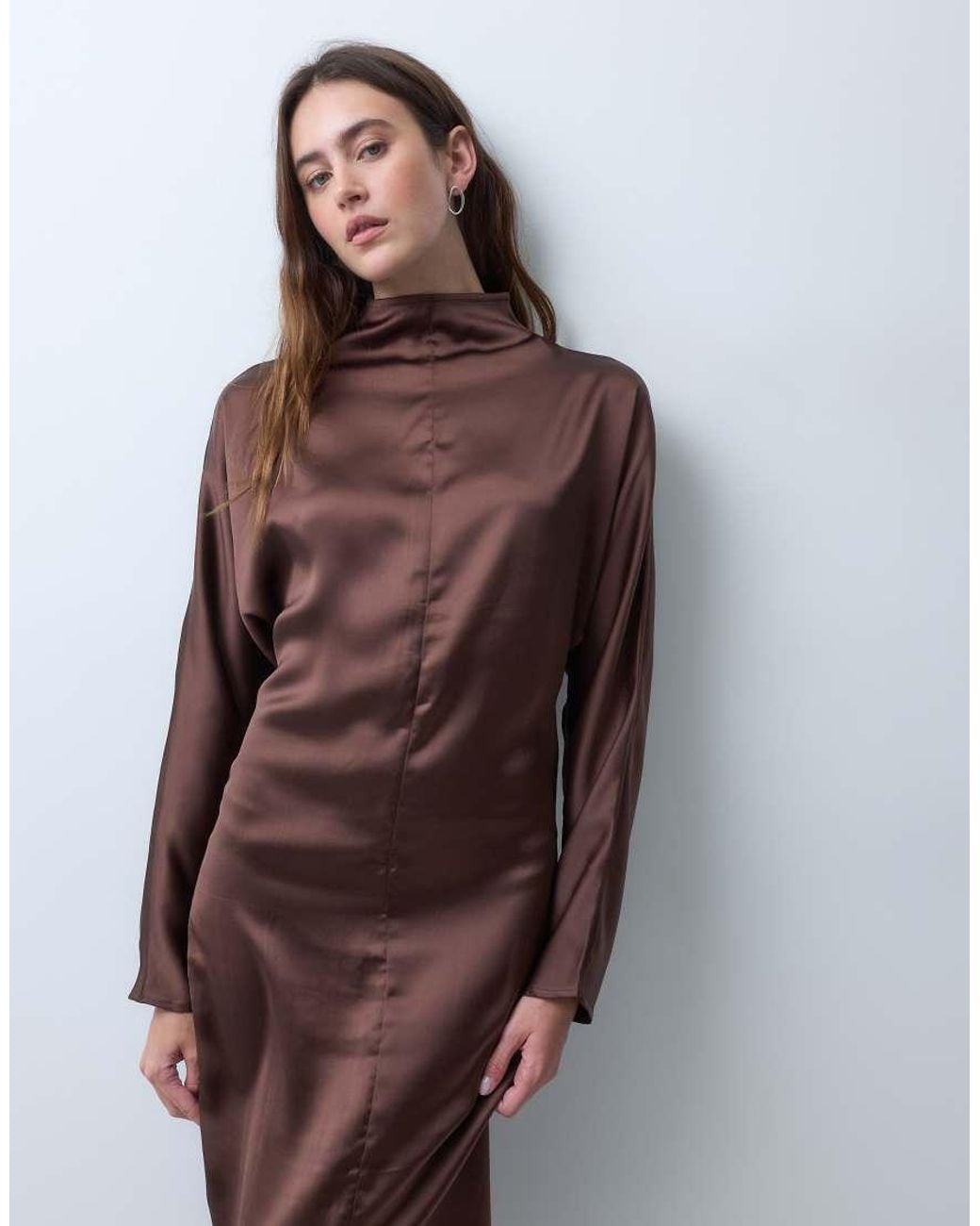 ASOS Brown High Neck Satin Smock Maxi Dress