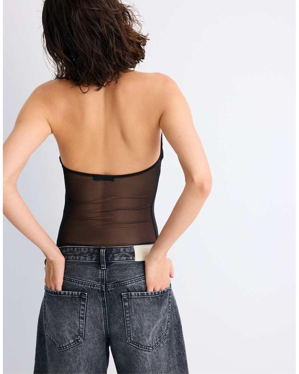 Stradivarius Gray Mesh Halter Bodysuit