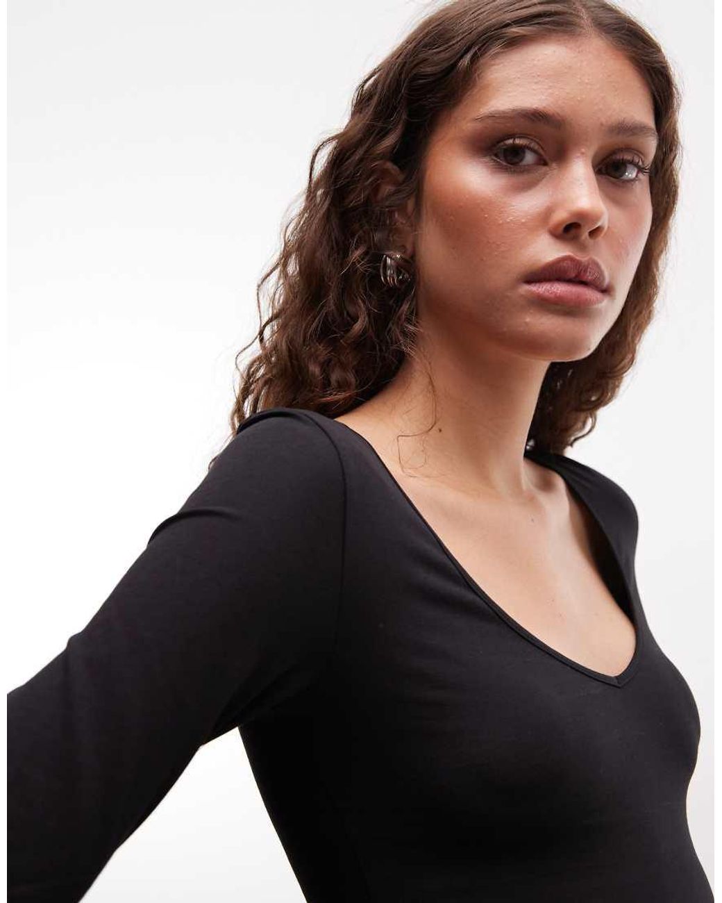 Monki Black V-neck Long Sleeve Top