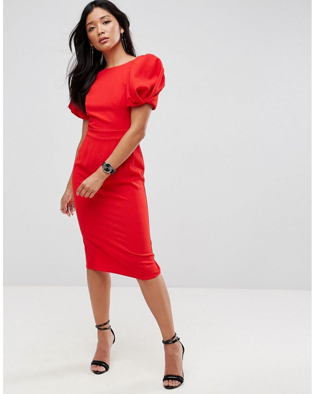 ASOS Puff Sleeve Midi Pencil Dress in Red | Lyst
