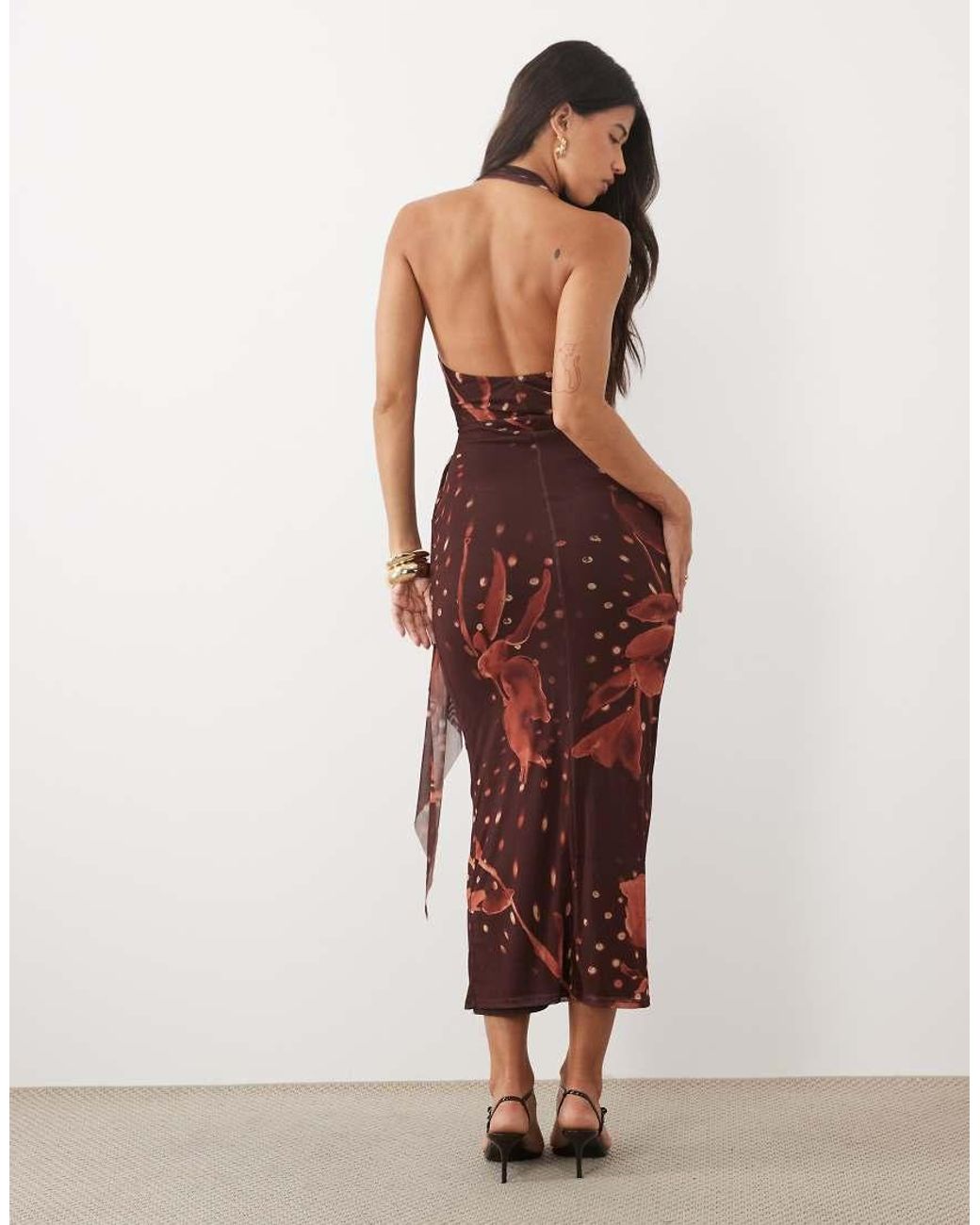 ASOS Natural Mesh Halterneck Midi Dress With Sweeping Sash Skirt