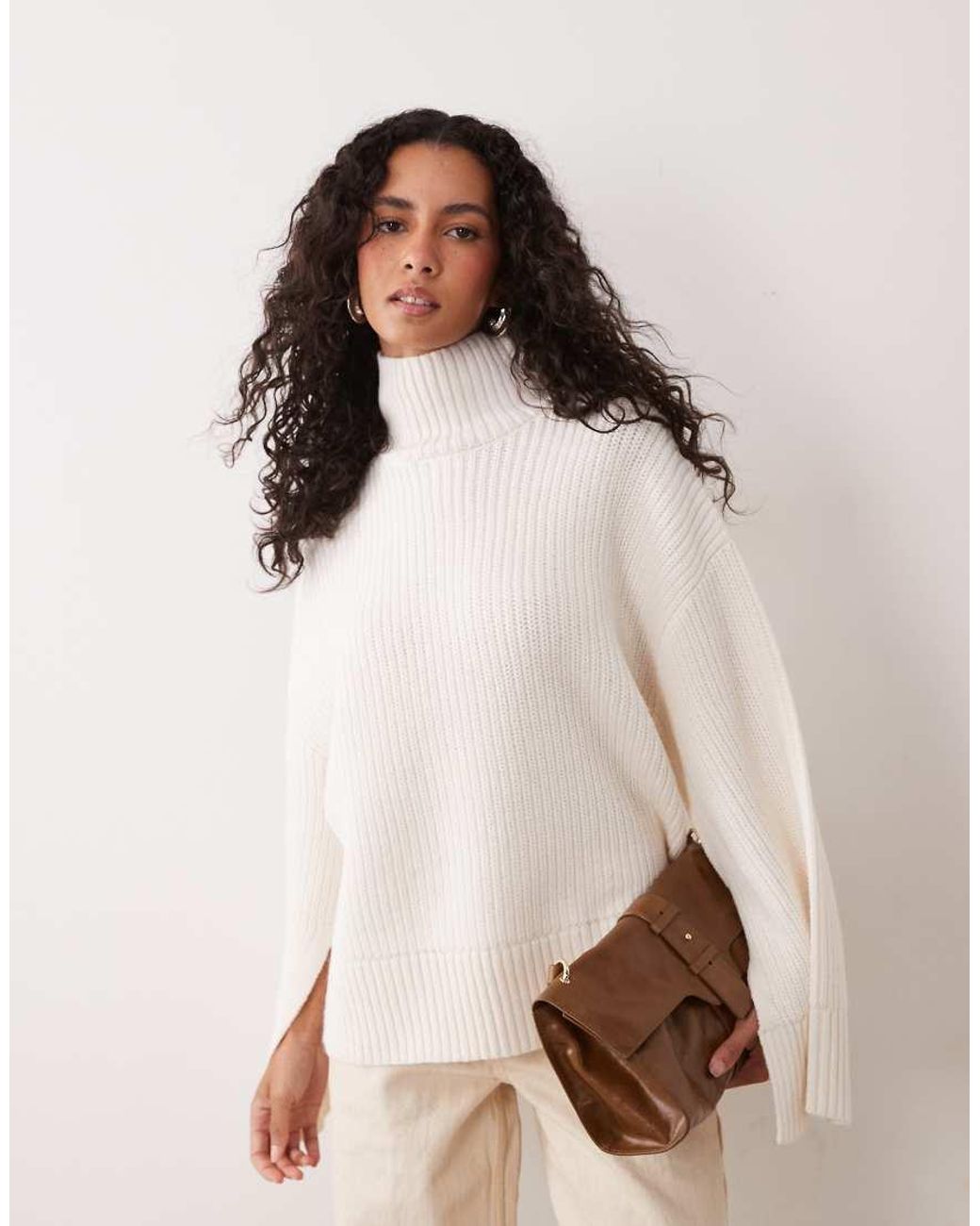 Gina Tricot Natural Split Sleeve Detail Knit Turtleneck Sweater With Wool