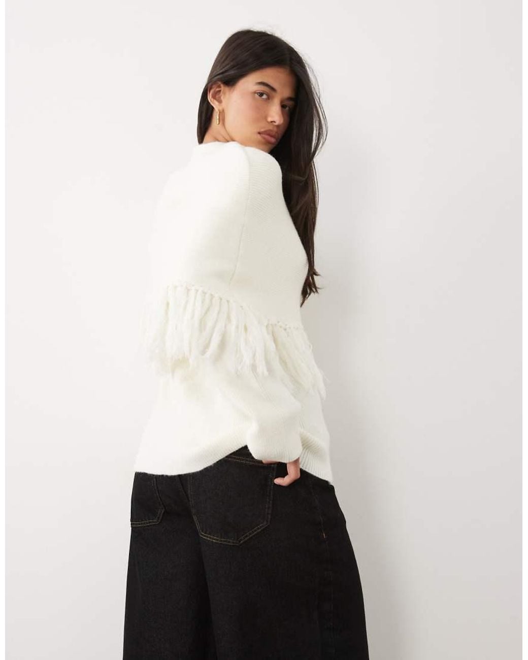Pretty Lavish White Knit Poncho Asymmetric Fringe Detail Jumper