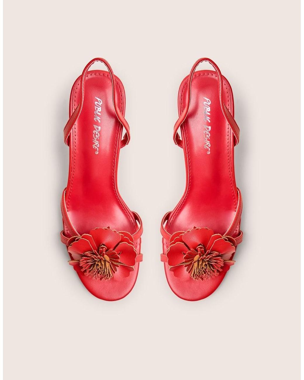 Public Desire Red Hot Red Pu 3d Flower Sling Back Mid Heels
