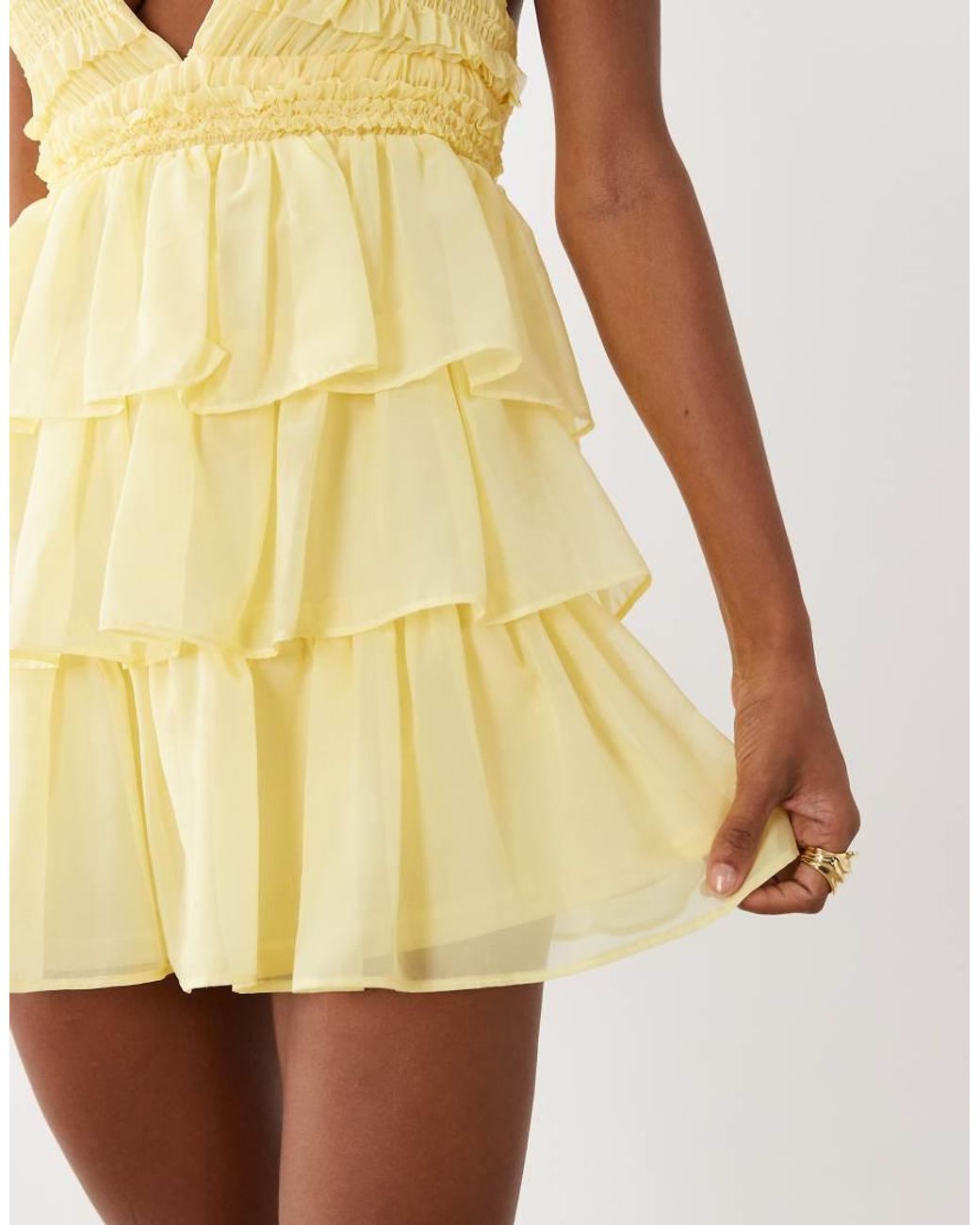 TFNC London Yellow Shirred Chiffon Halter Neck Ruffle Mini Dress