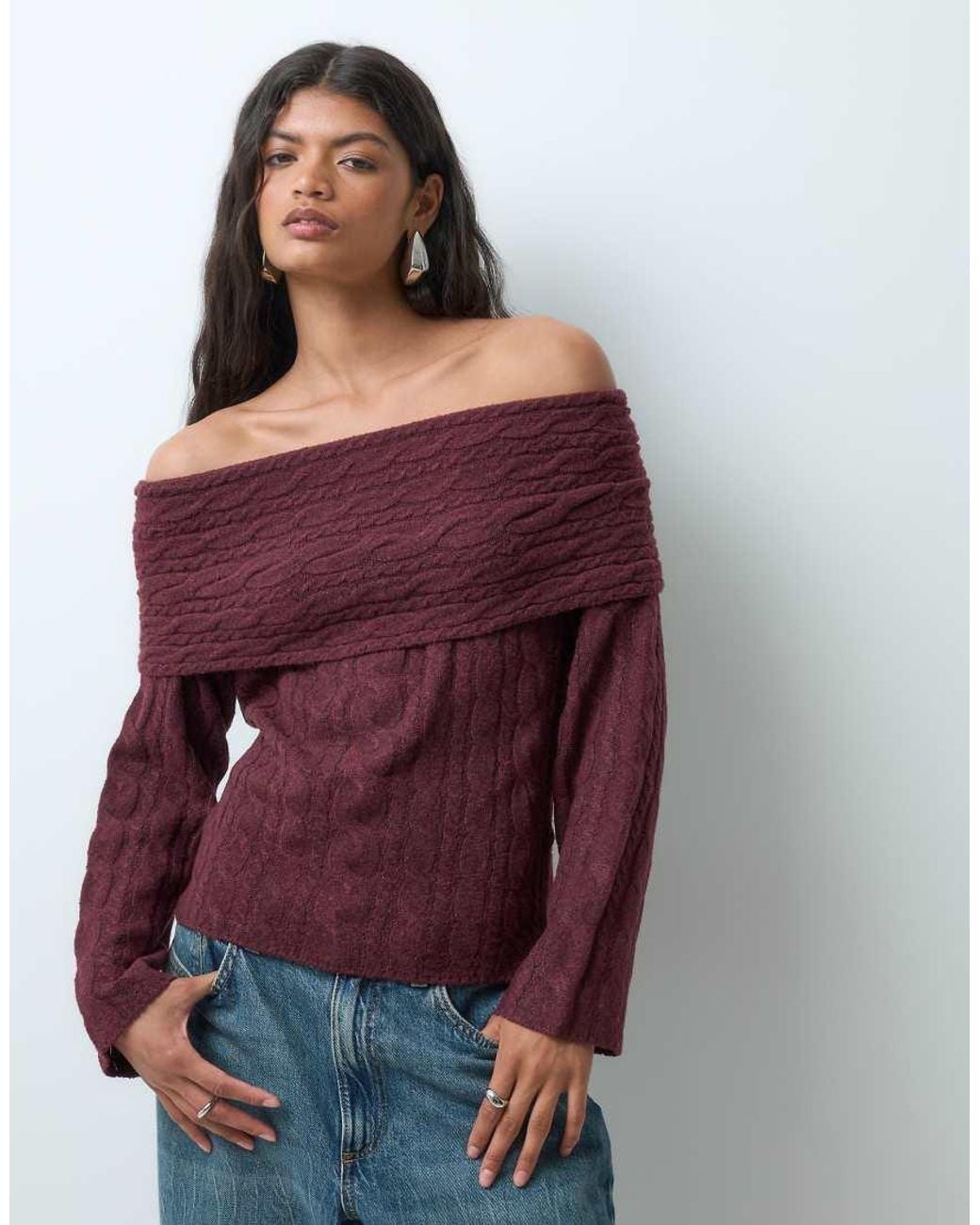 Vero Moda Blue Off Shoulder Cable Knit Jumper