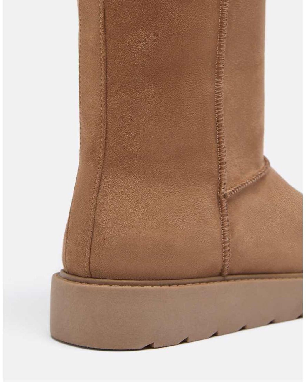 Stradivarius Brown Leather Effect Boots With Faux Fur Lining