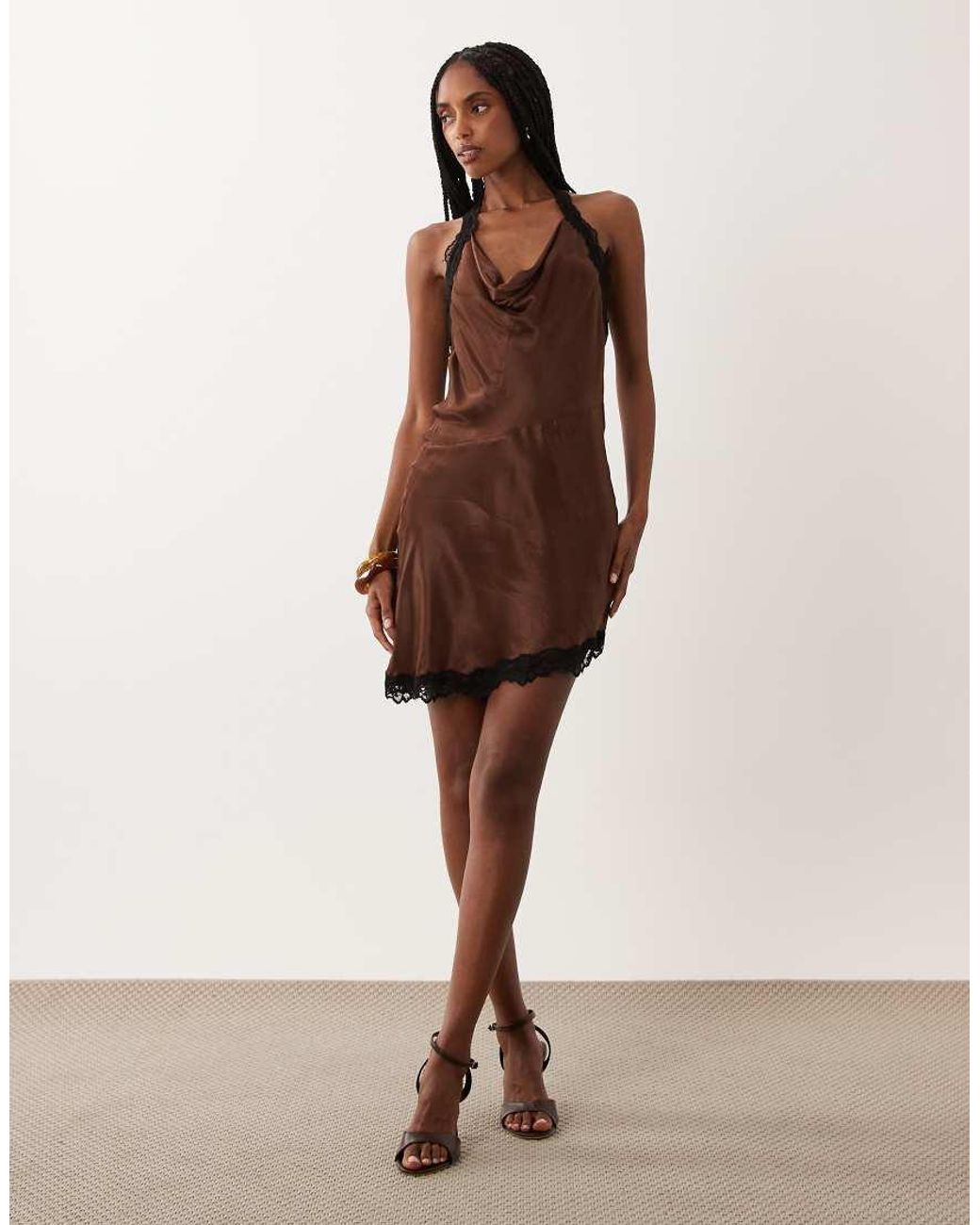 New Look Brown Lace Trim Asymmetric Hem Mini Dress