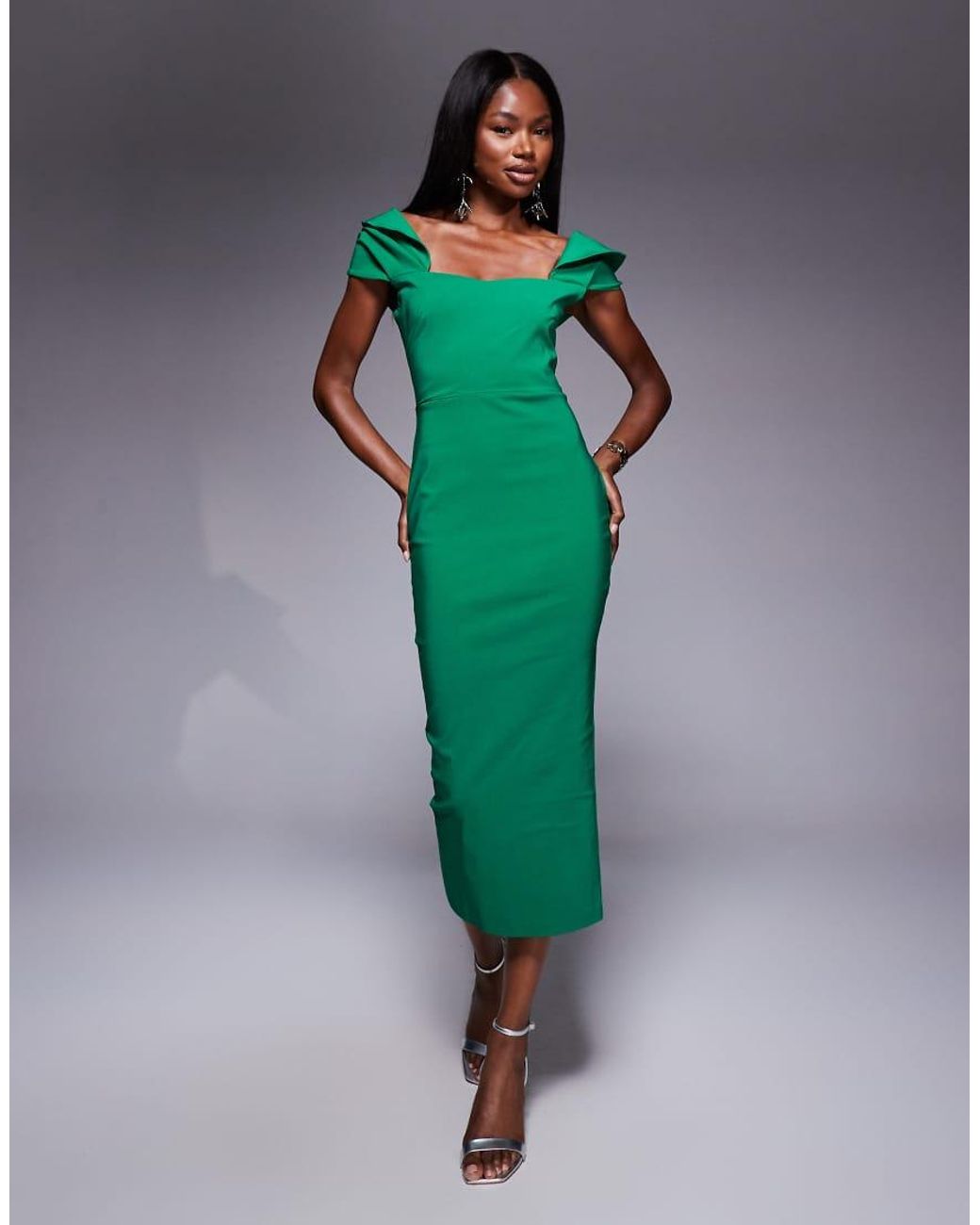 Vesper Green Bengaline Bardot Drape Sleeve Detail Midaxi Dress