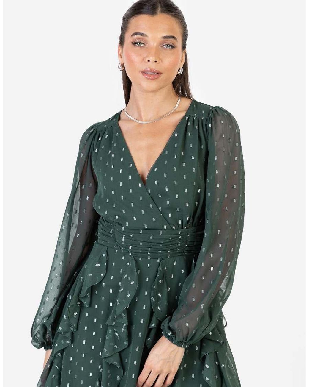 ANAYA Green Faux Wrap Long Sleeve Ruffle Mini Dress