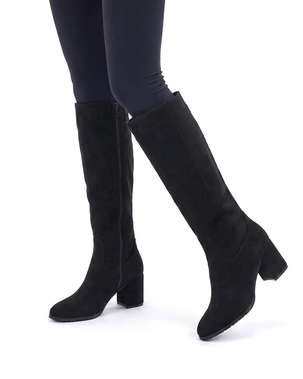 SEQWL Black Knee High Boots With Pointed Toe And Mid Block Heel