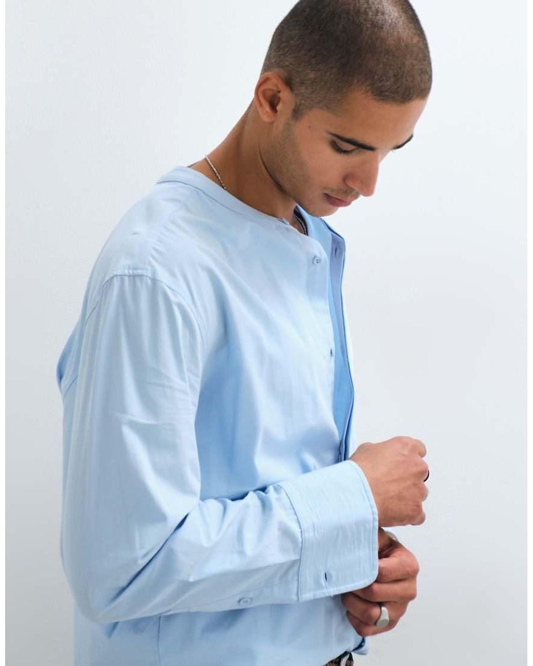 ASOS Blue Relaxed Poplin Shirt With Grandad Collar for men