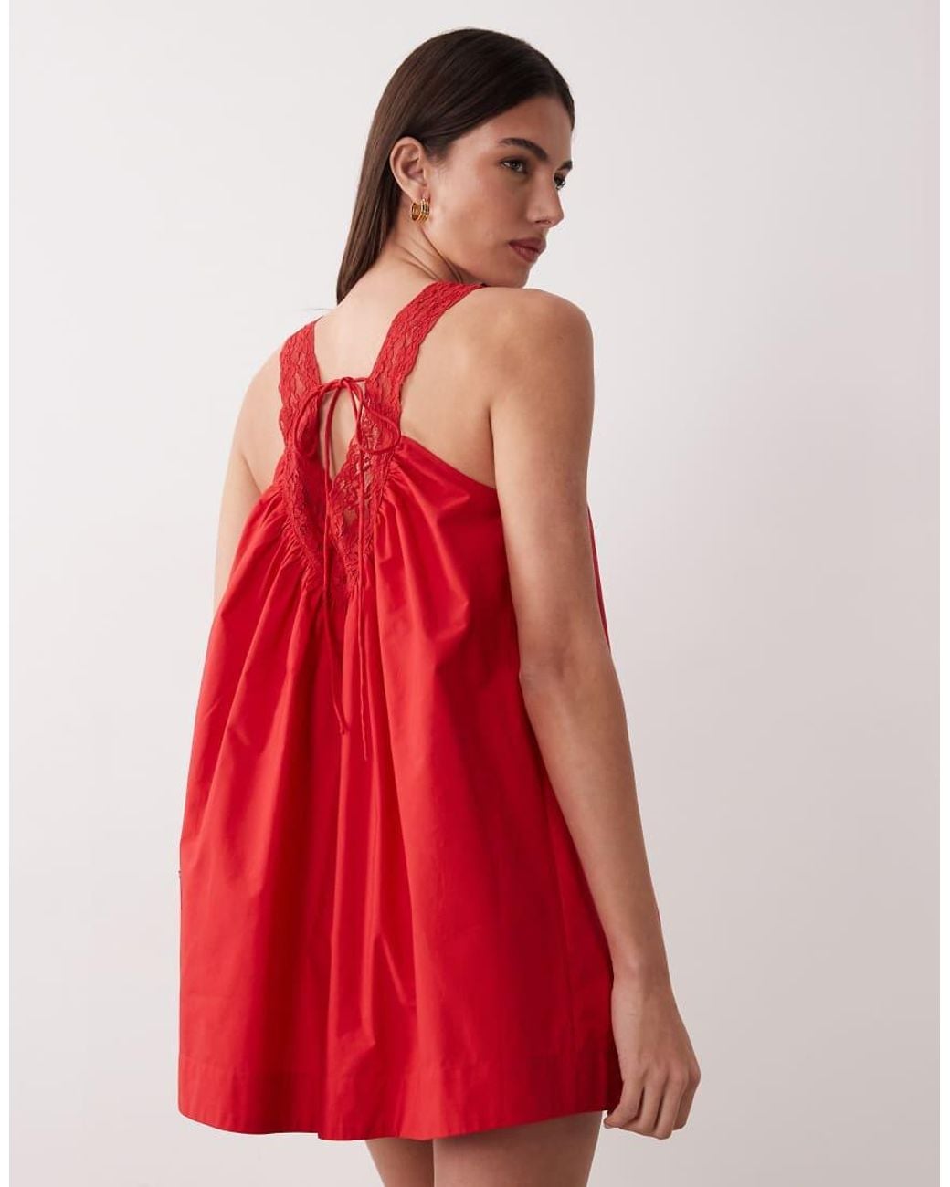 ASOS Red V Neck Smock Poplin Mini Sundress With Lace Overlay