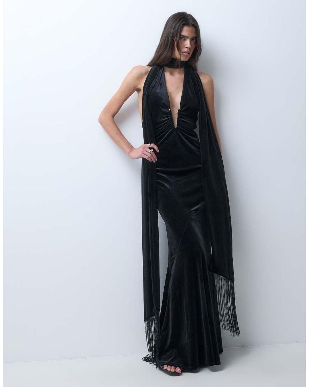 ASOS Blue Plunge Neckline Maxi Dress With Fringe Detail Scarf