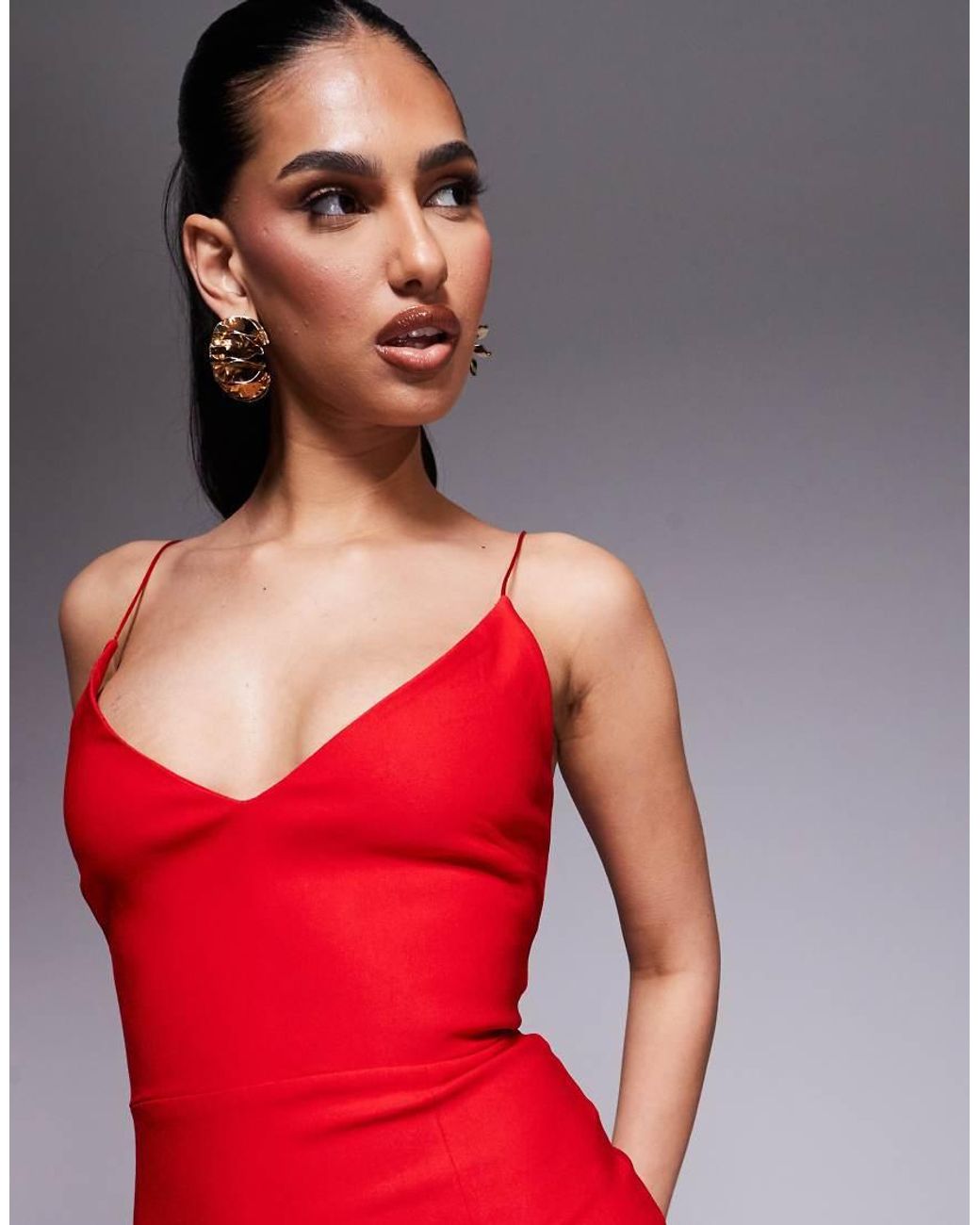 Vesper Red Cami Strap Midaxi Dress With Thigh Split