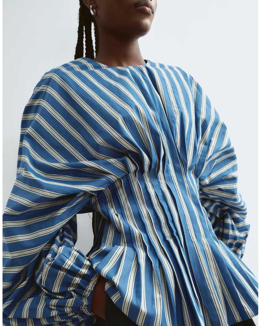 ARRANGE Blue Volume Sleeve Pleated Cinched Waist Top