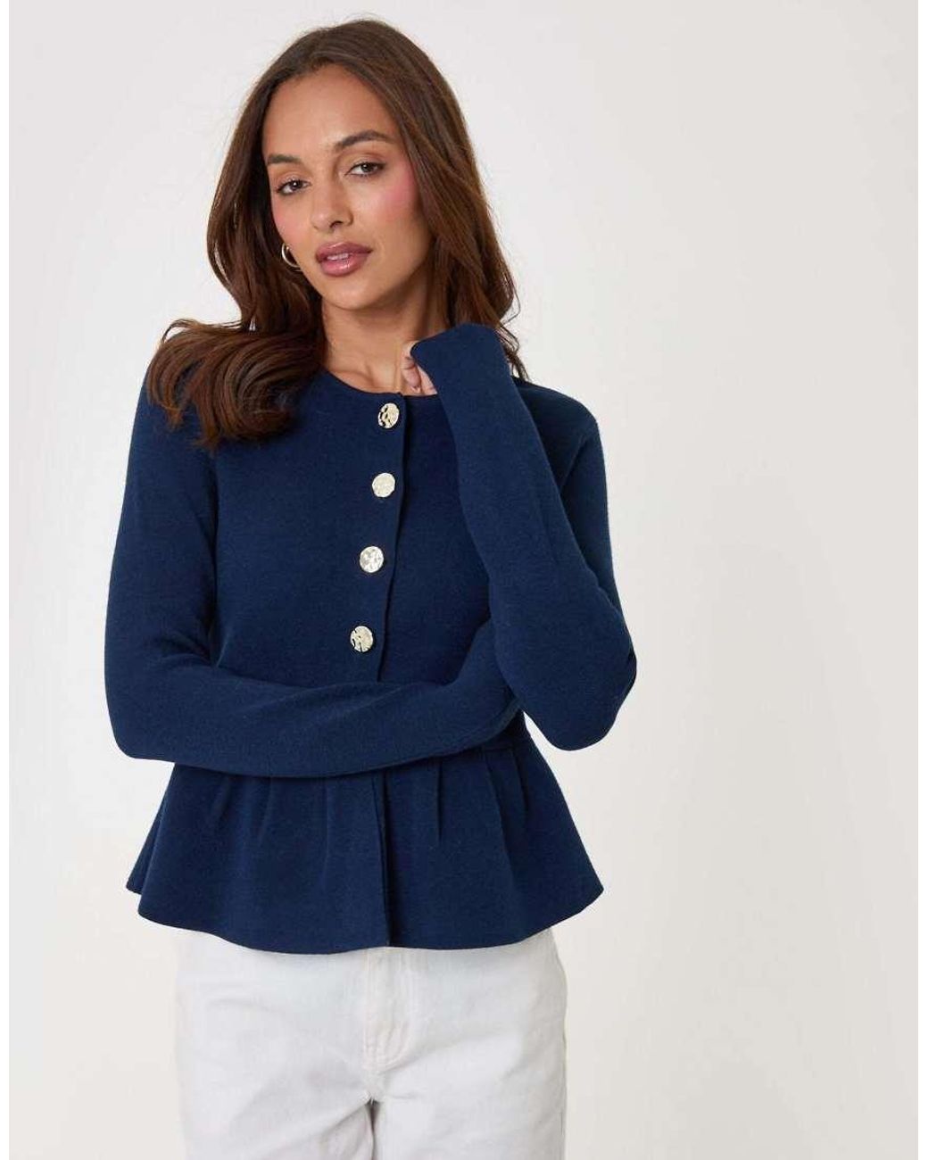 Threadbare Blue Crew Neck Peplum Cardigan
