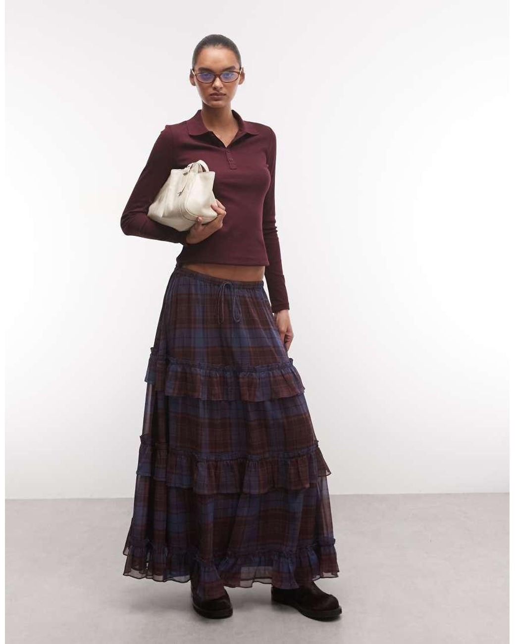 Reclaimed Vintage Blue Chiffon Check Maxi Skirt