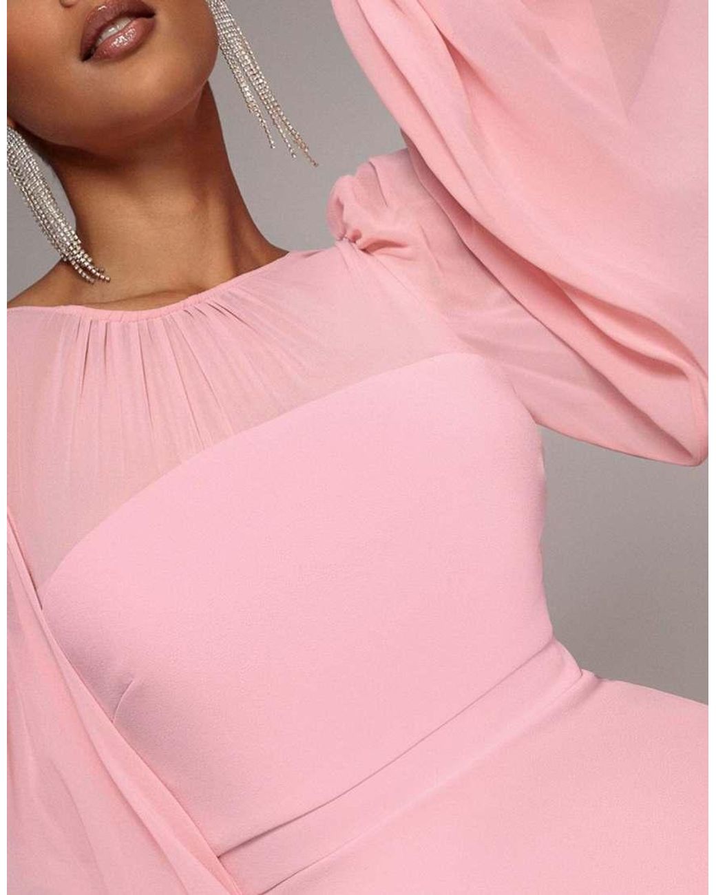 Goddiva Pink Bishop Sleeve Peplum Top Sculpting Stretch Jersey Crepe And Chiffon Maxi Dress