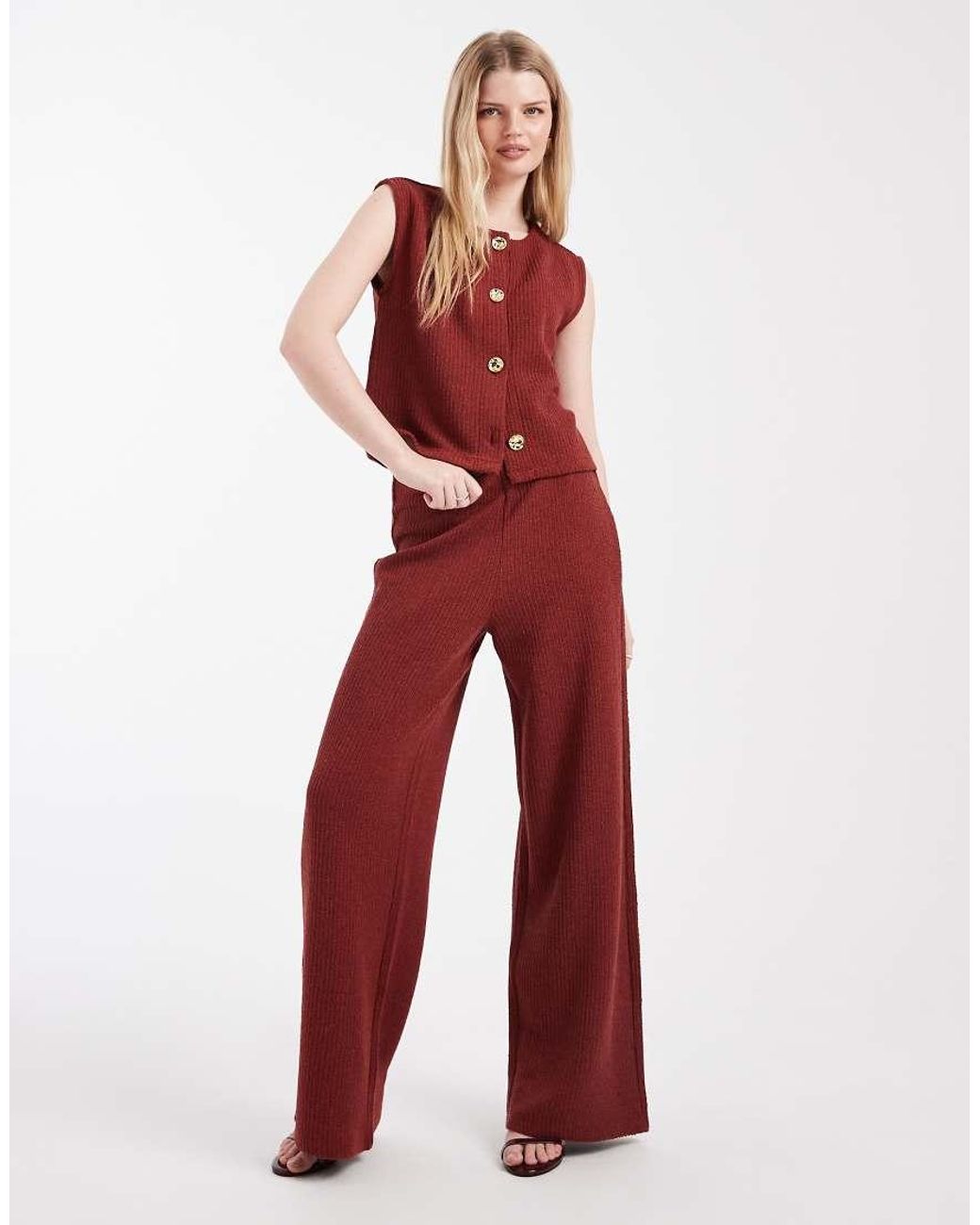 ONLY Red Rib Knit Vest Co-ord With Gold Button Detail