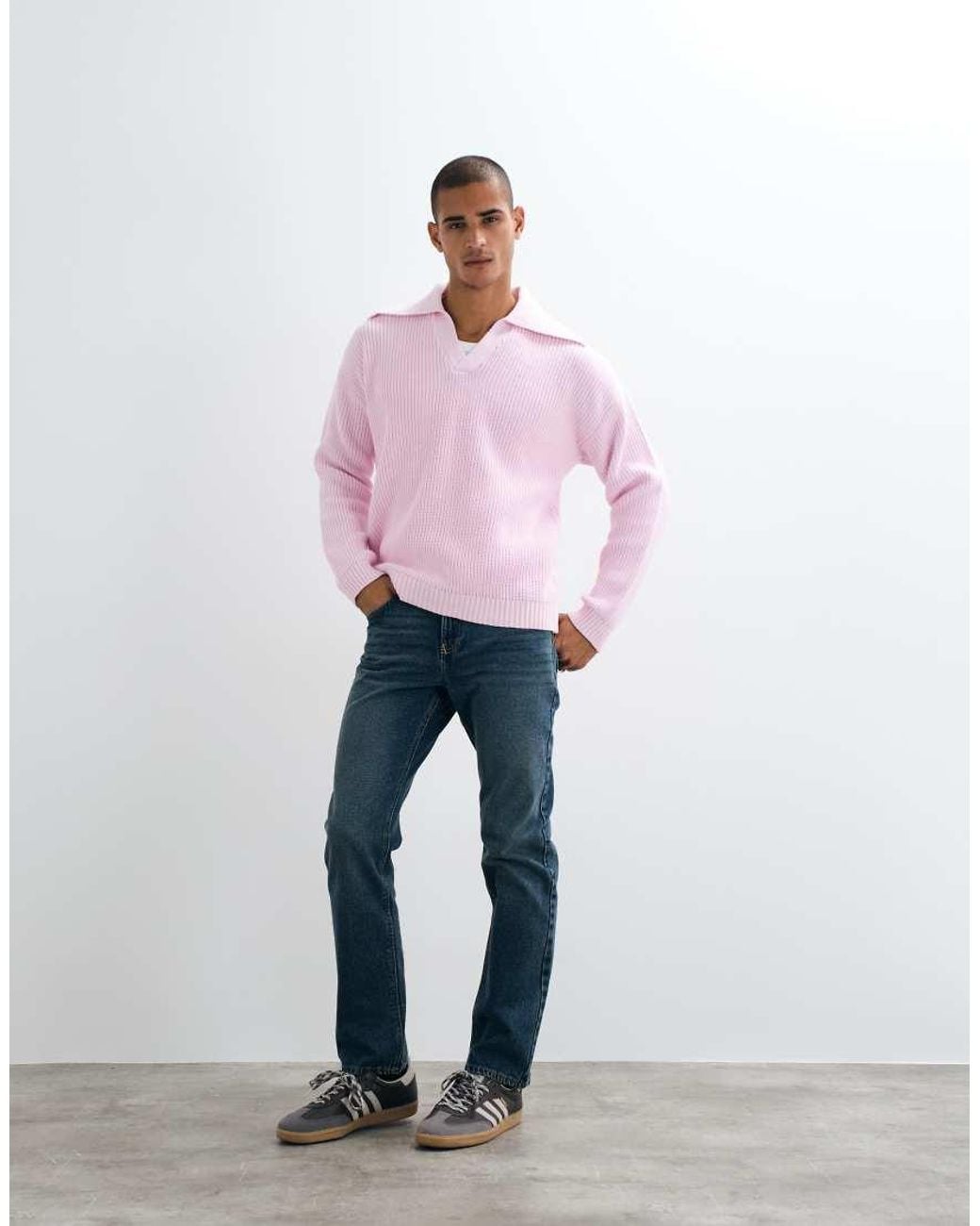 ASOS Pink Oversized Knitted Extreme Open Collar Polo Jumper for men