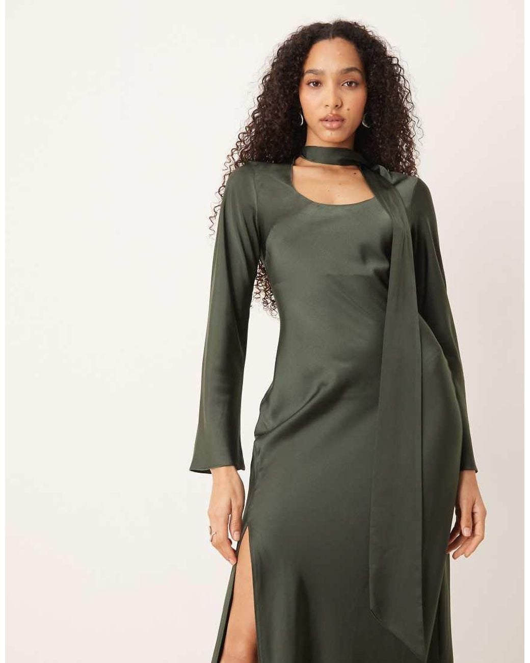 ASOS Green V Neck Scarf Detail Long Sleeve Maxi Dress