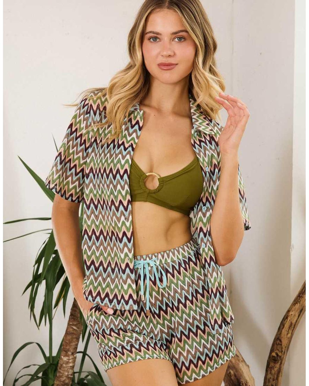 Wolf & Whistle Green Kalahari Zig Zag Crochet Beach Shorts