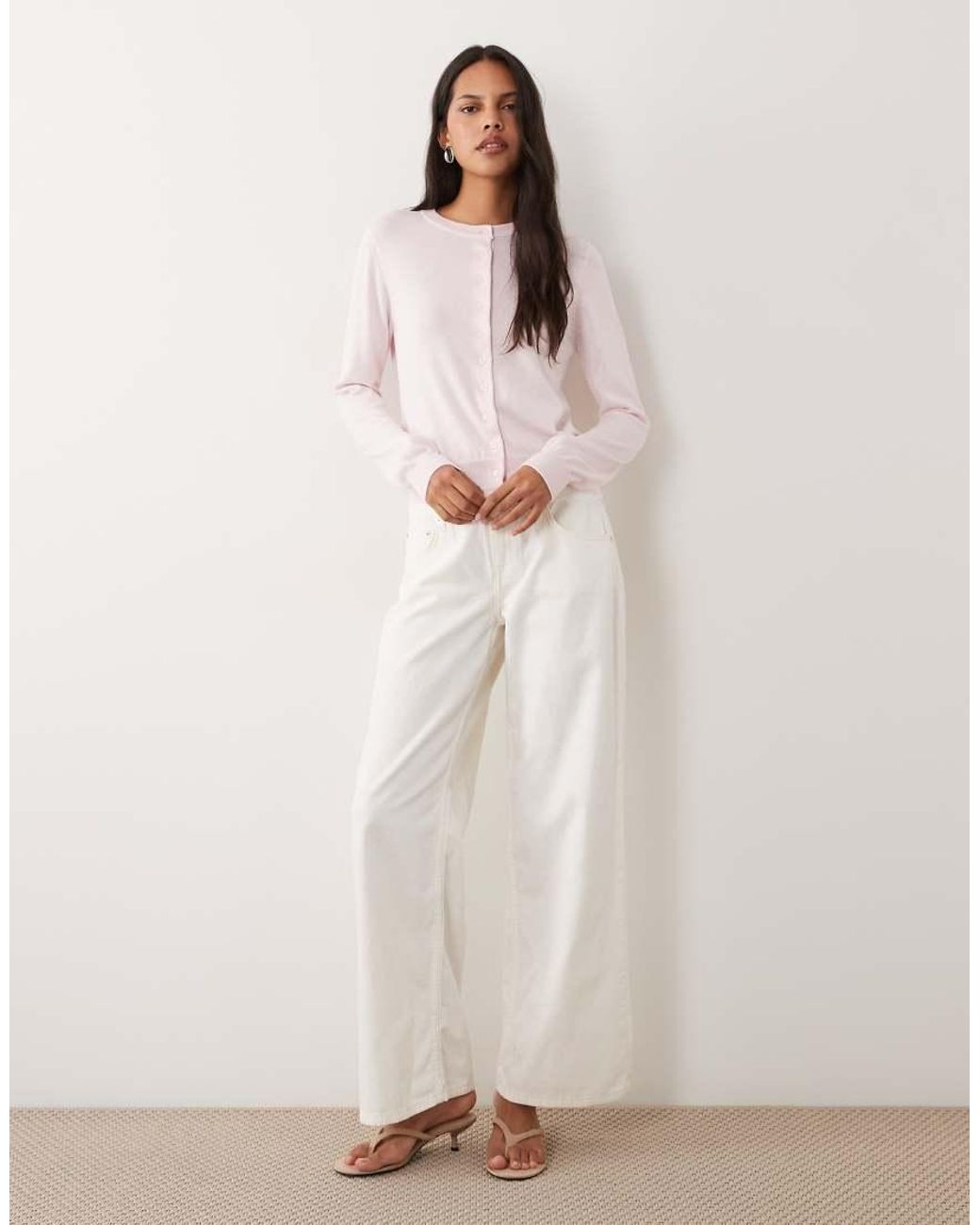 Mango Pink Round Neck Cardigan With Lace Trim