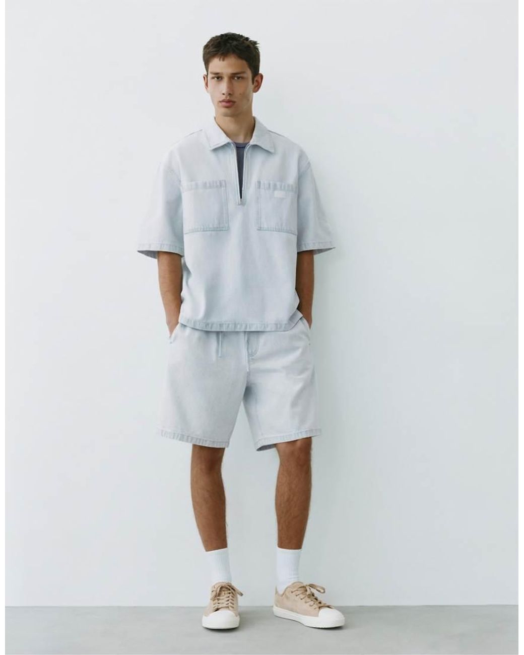Pull&Bear Blue Relaxed Denim Bermuda Shorts for men