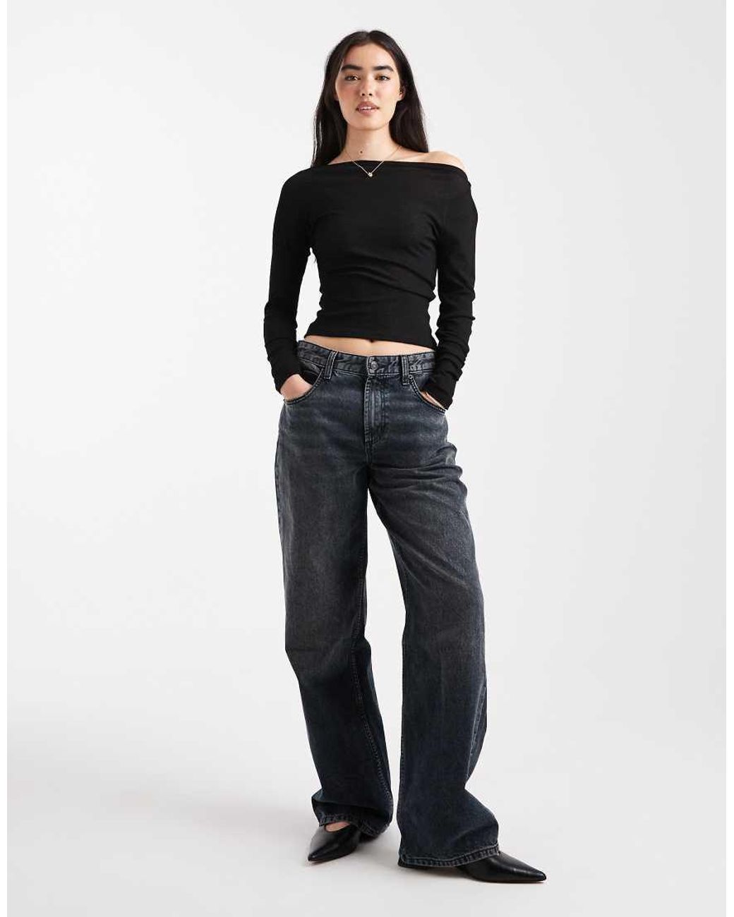 ASOS Black Textured Mesh Slash Neck Long Sleeve Top
