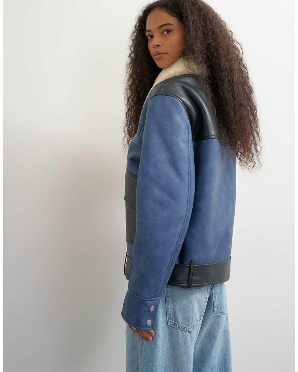 TOPSHOP Blue Shearling Belted Biker Jacket