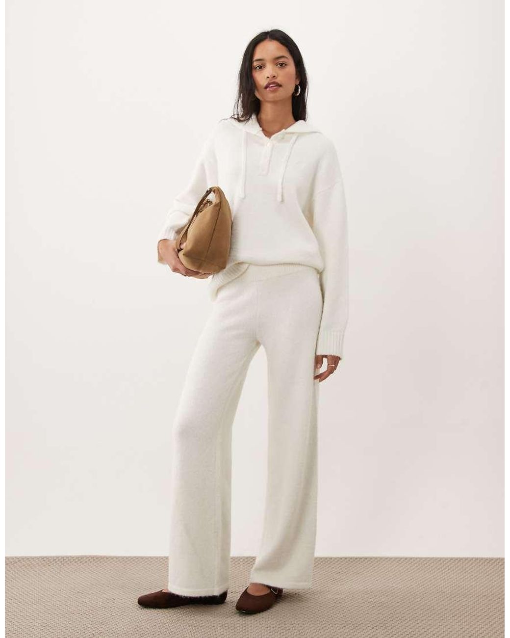 4th & Reckless Natural Fluffy Knitted Wide Leg Trousers Co-Ord