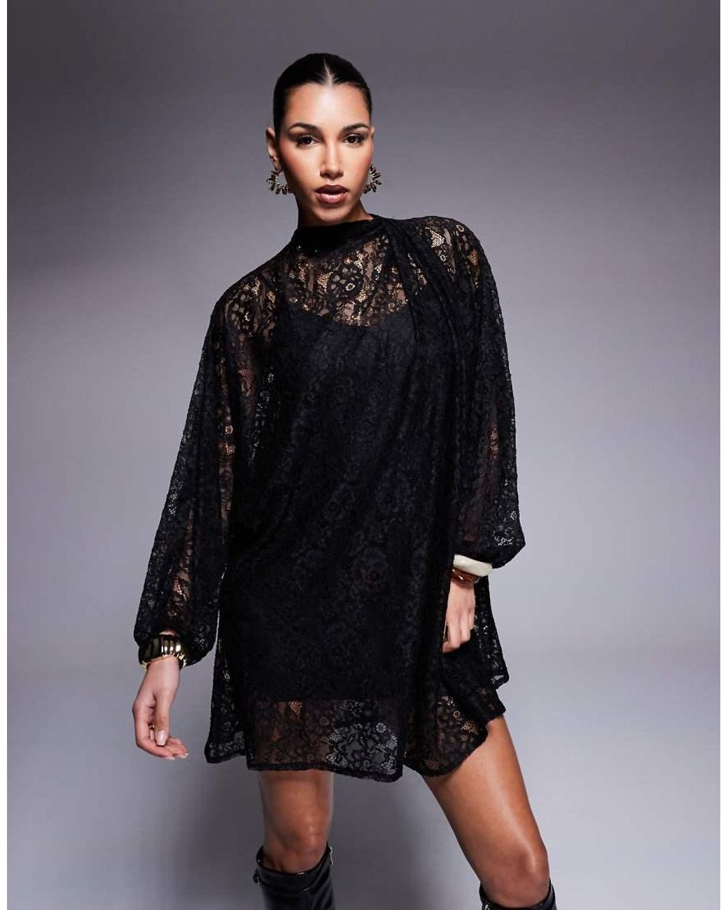 ASOS Black Twist Neck Tie Blouson Sleeve Mini Lace Dress