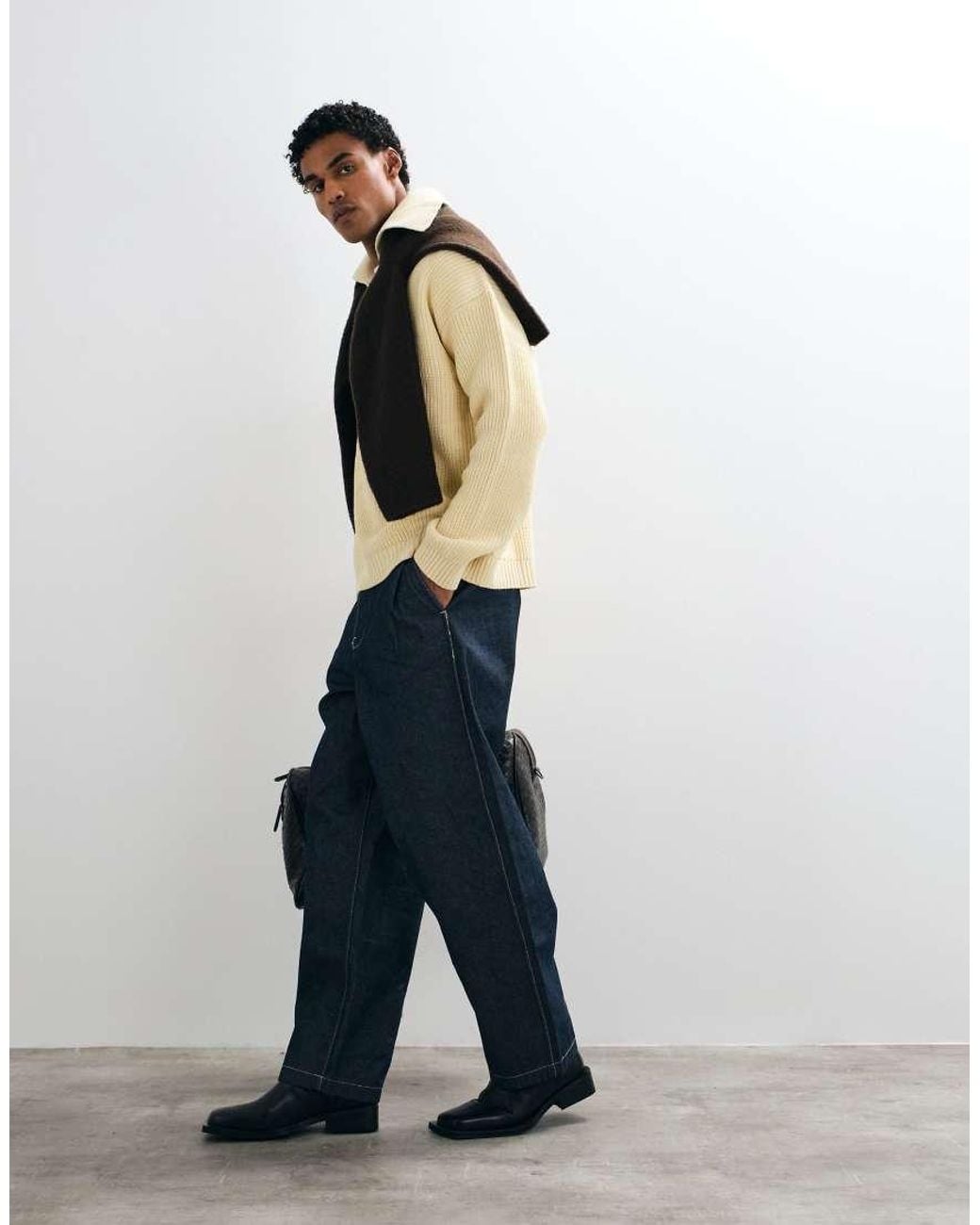 ASOS Natural Oversized Knitted Extreme Open Collar Polo Jumper for men