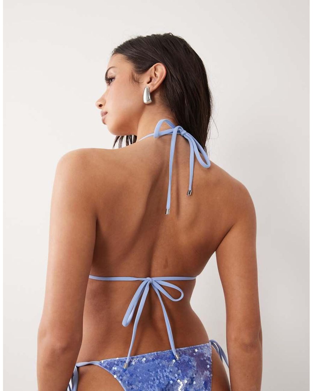 South Beach Blue Sequin Triangle Bikini Top With Lace Detail