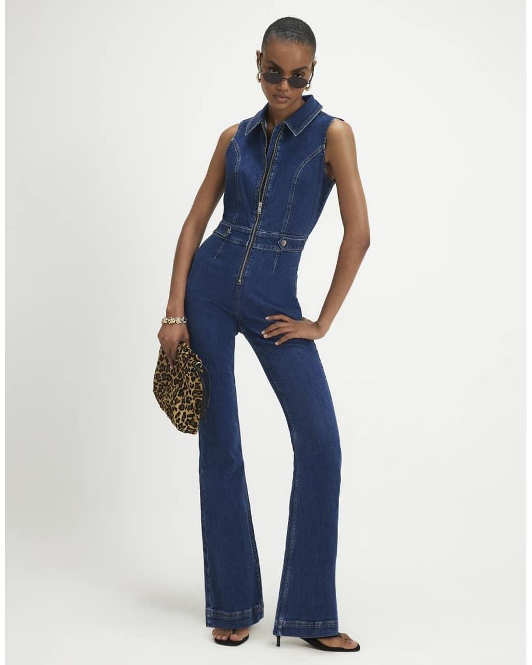 River Island Blue Stretch Flared Denim Jumpsuit