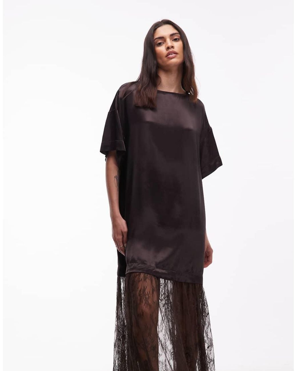 ASOS Brown Satin T-Shirt Hybrid Maxi Dress With Lace Skirt