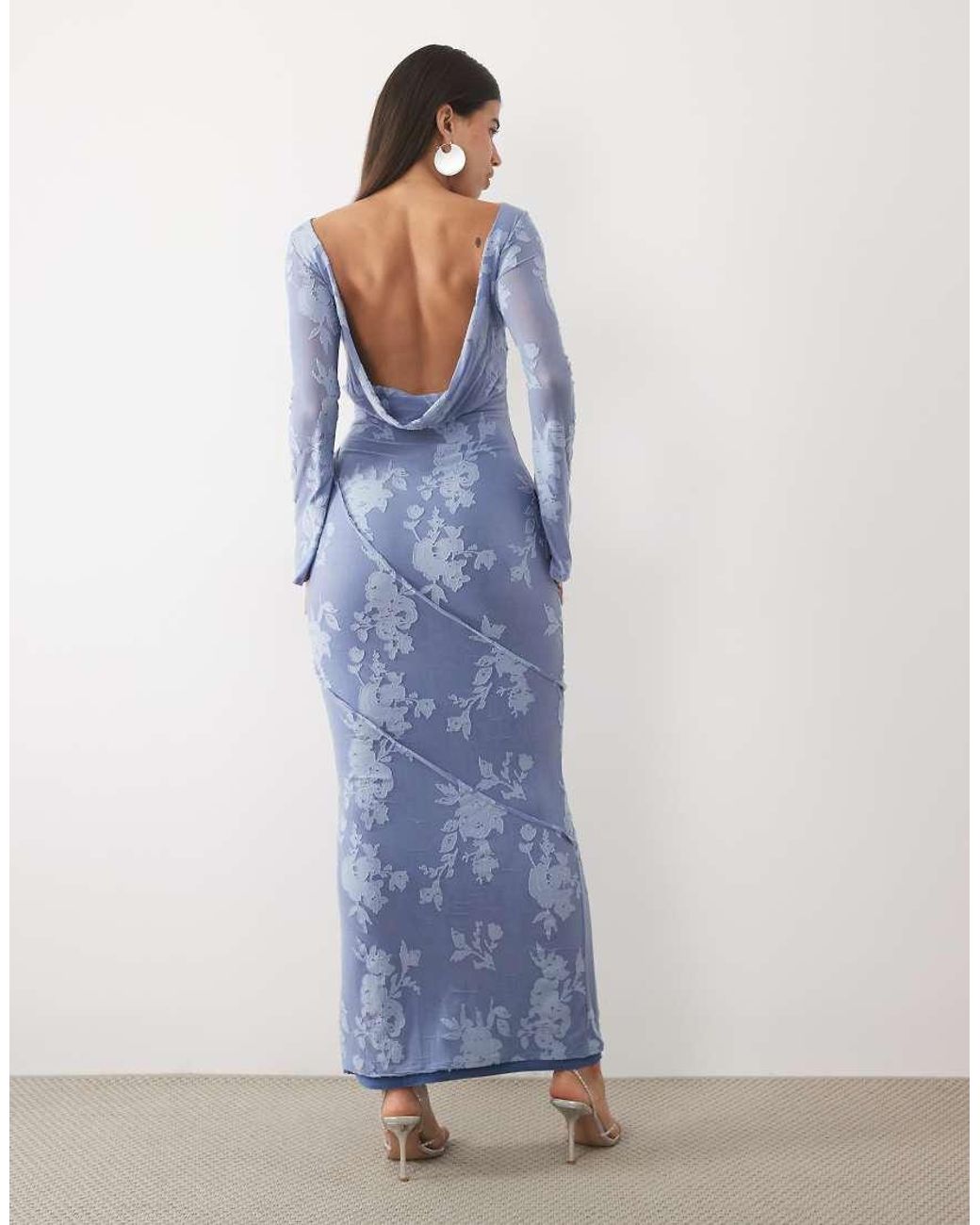 ASOS Blue Devore Long Sleeve Open Back Maxi Dress