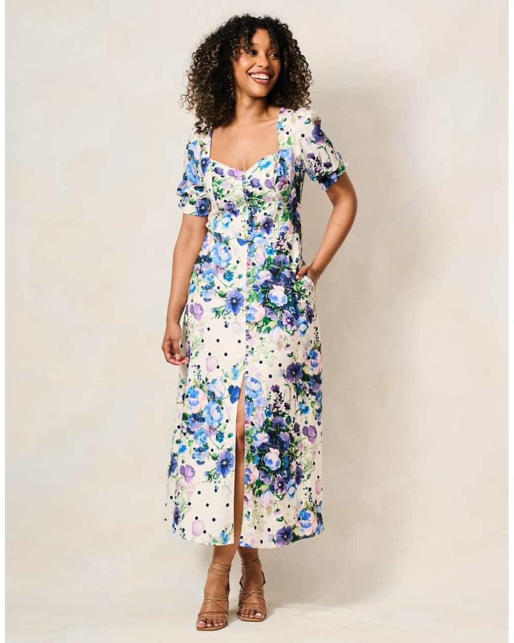 Hope & Ivy Blue The Nadalia Puff Sleeve Sweetheart Neckline Midi Dress