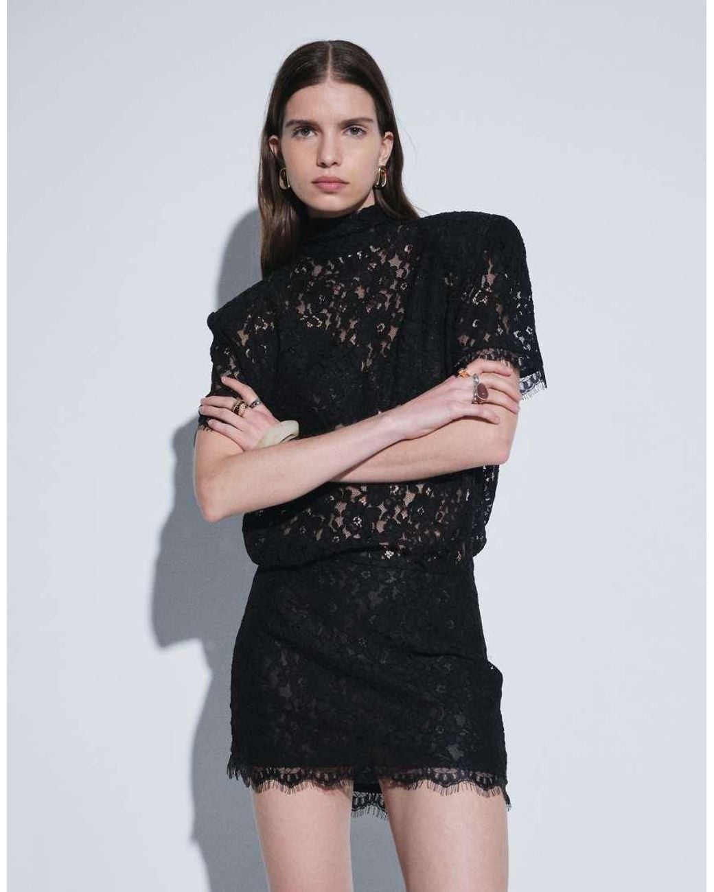 Noughts & Kisses Black Orla Lace High Neck Shoulder Pad Blouson Mini Dress