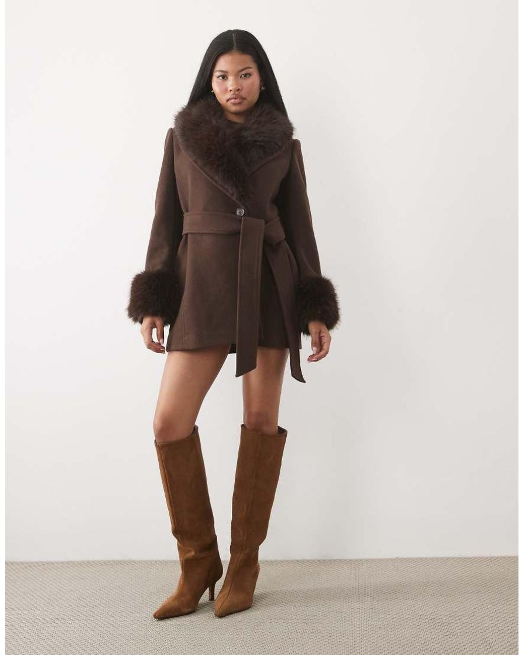 Forever New Brown Faux Fur Collar Short Coat