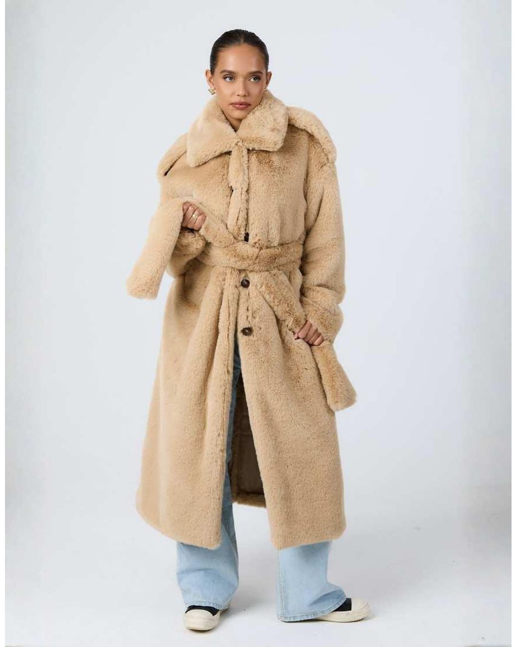 Aria Cove Gray Faux Fur Button Detail Collared Belted Maxi Coat