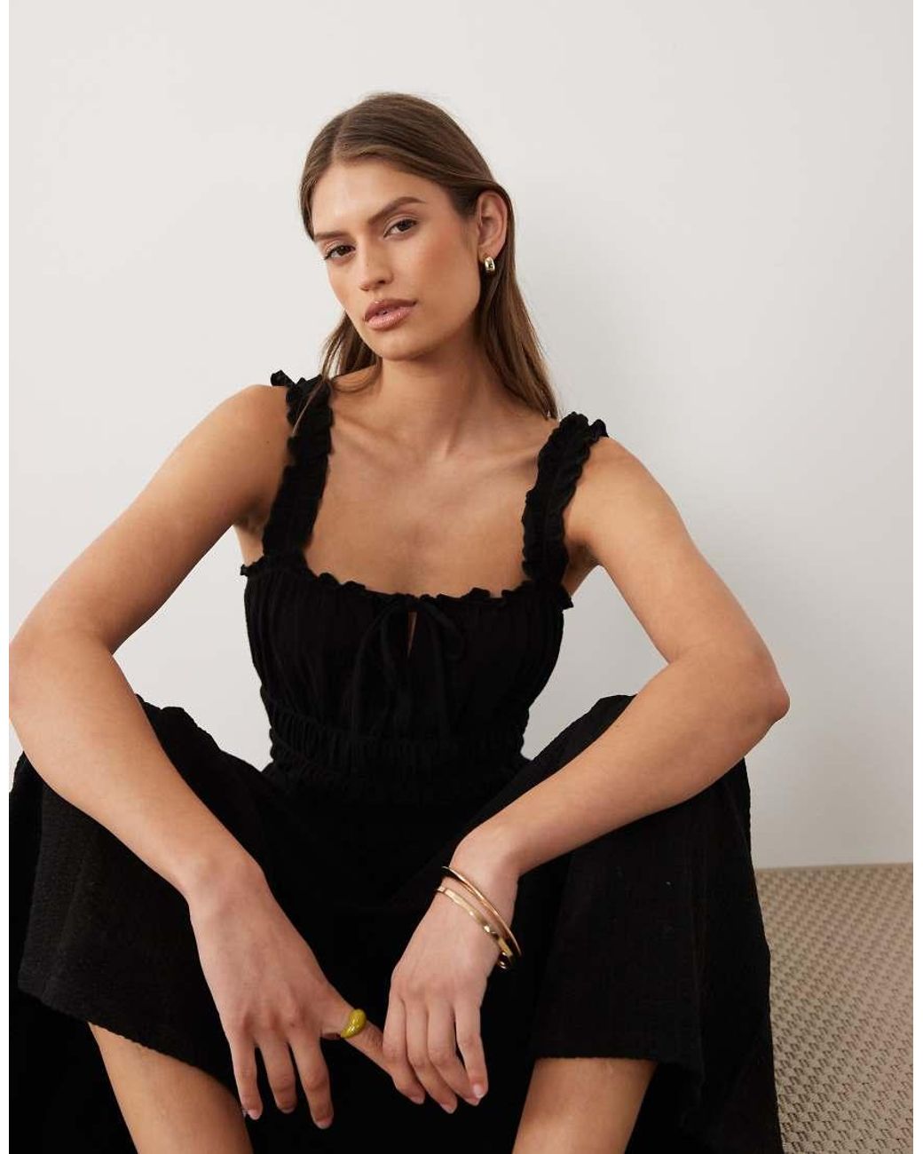 Miss Selfridge Black Seersucker Shirred Detail Maxi Dress
