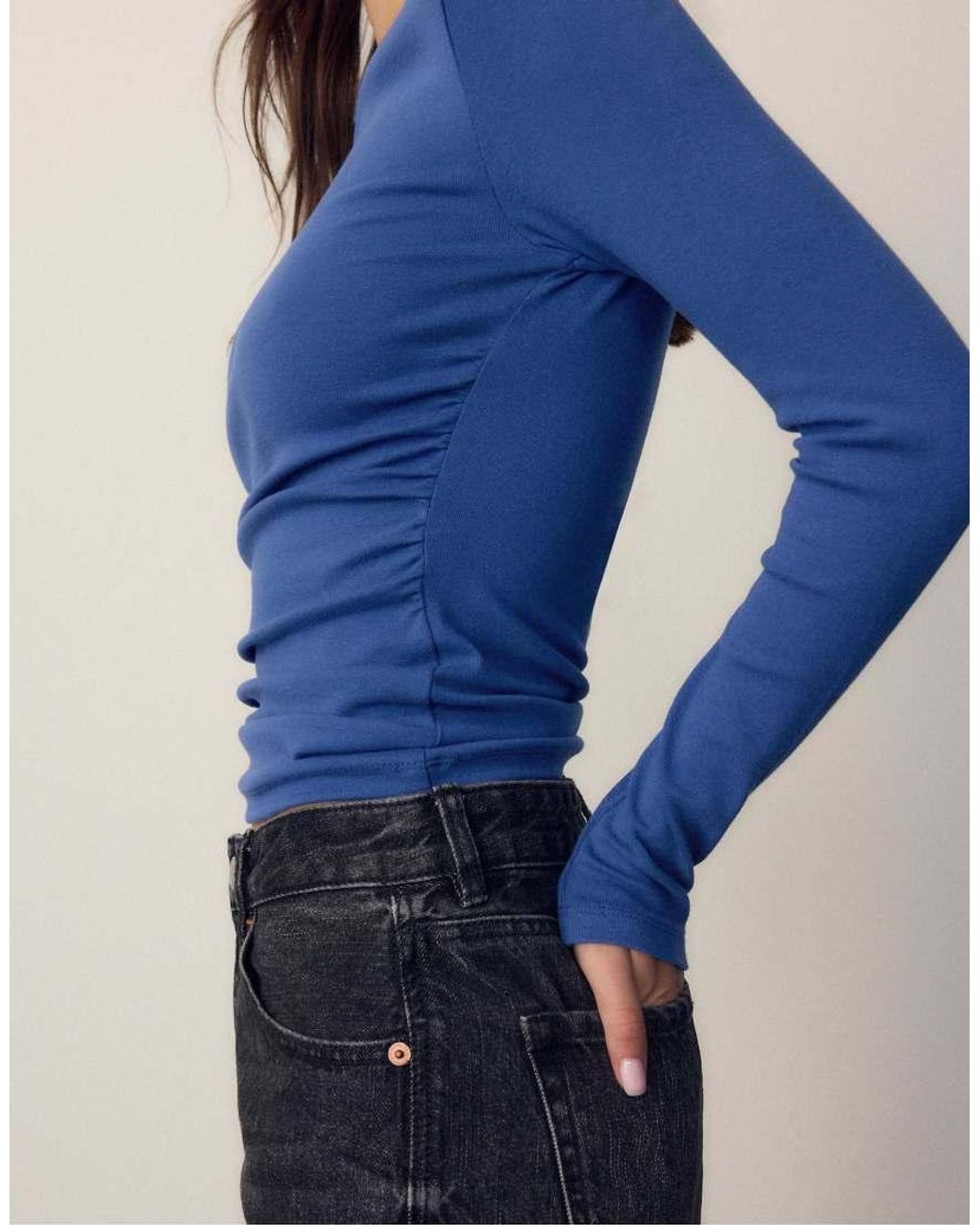 Stradivarius Blue Long Sleeve T-Shirt With Gathering