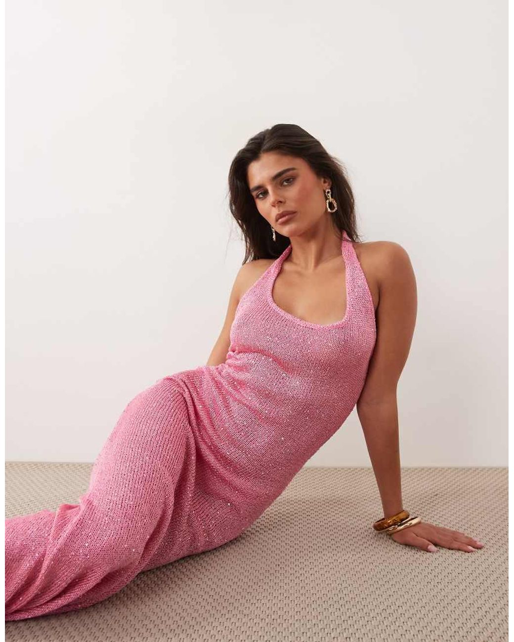 Noughts & Kisses Pink Cotton Blend Halterneck Sparkle Knit Maxi Dress