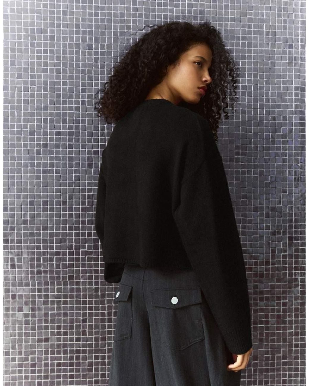 Bershka Black Round Neck Button-up Knit Cardigan